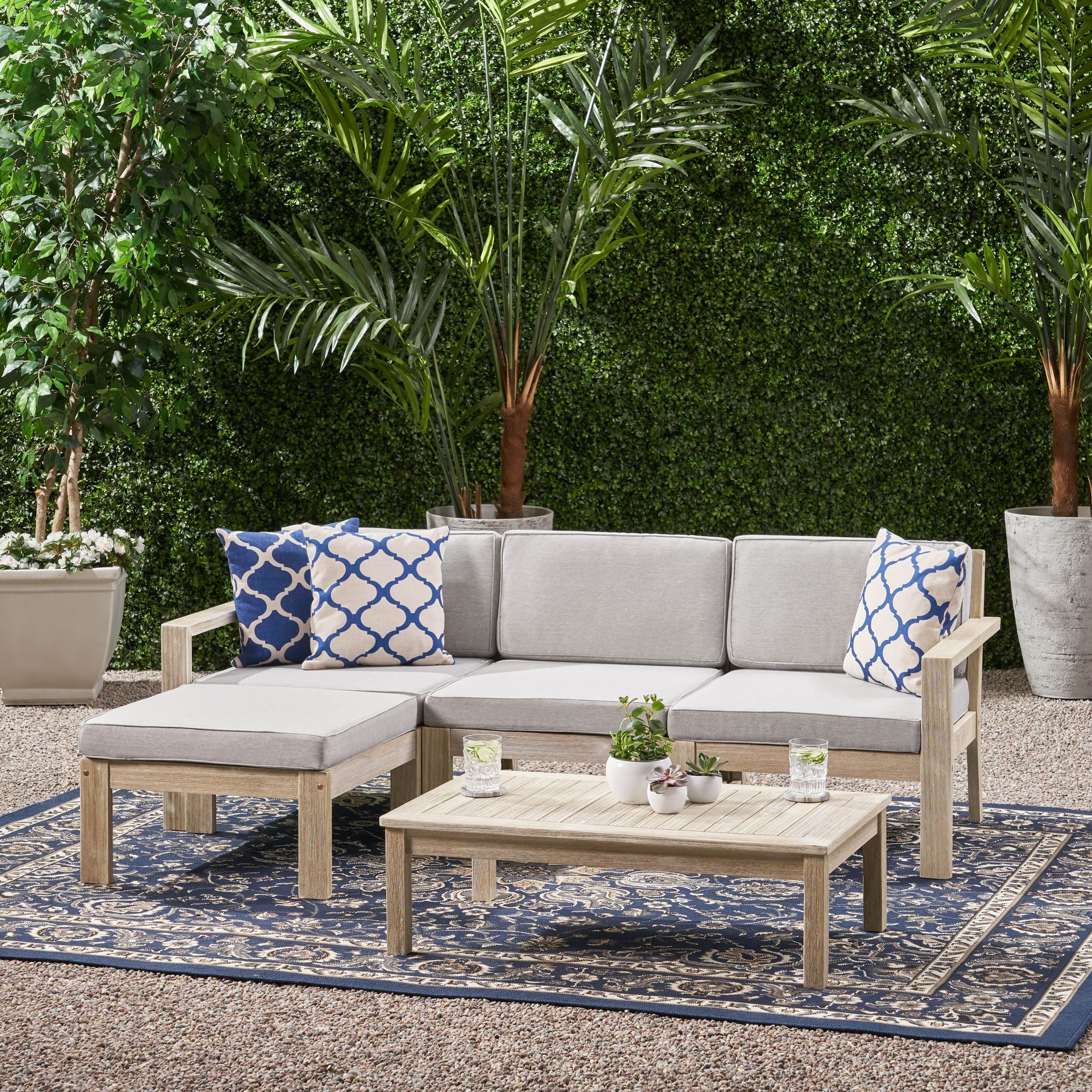 Makayla Ana Outdoor 3 Seater Acacia Wood Sofa Sectional with Cushions, Light Gray and Light Gray | Walmart (US)