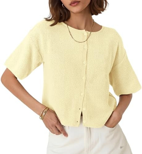 Saodimallsu Womens Short Sleeve Cardigan Summer Lightweight Button Down Waffle Knit Loose Crew Ne... | Amazon (US)