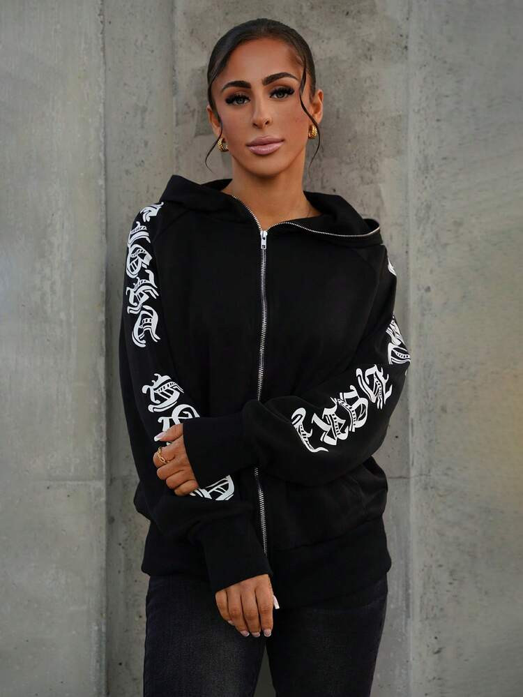 SAYEHFBABY Black Letter Graphic Zip Up Raglan Sleeve Hoodie,Long Sleeve Tops Graduation,Back To School Outfits,Graduation,Teacher Outfits For Women,Back To School In Fall/Winter | SHEIN