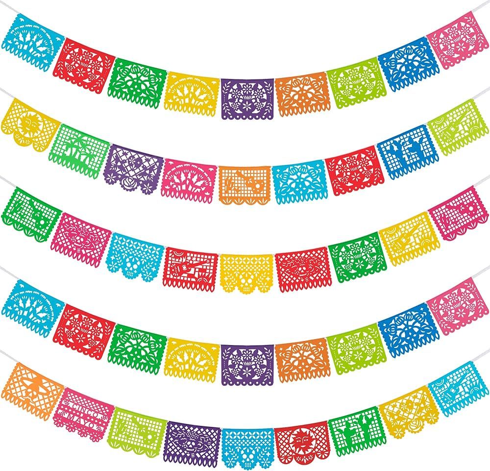 HOOJO 5 Packs 82 Ft Mexican Party Banners, Papel Picado Banner, Cinco de Mayo, Fiesta Party Decor... | Amazon (US)