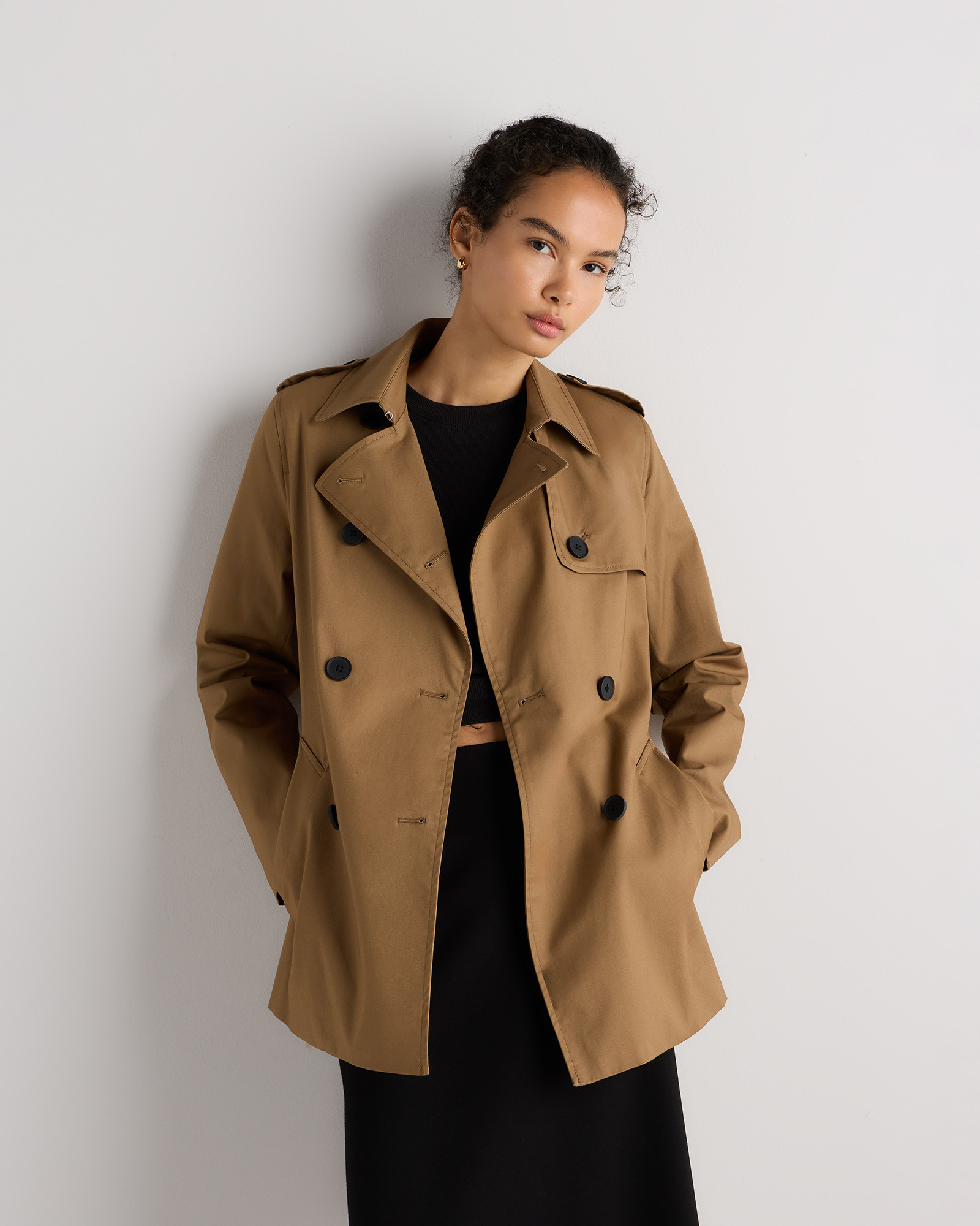 Quince | Women's Comfort Stretch Short Trench Coat in Light Khaki, Size XS, Organic Cotton | Quince