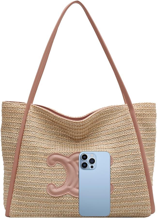 Women's Beach Bag Straw Boho Bag Woven Shoulder Bag Large Totes Travel Beach Handbag Purse | Amazon (US)
