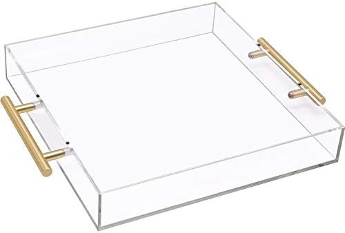 12x12 Clear Acrylic Serving Tray with Gold Handle, Clear Square Plastic Serving Tray Food Serving... | Amazon (US)