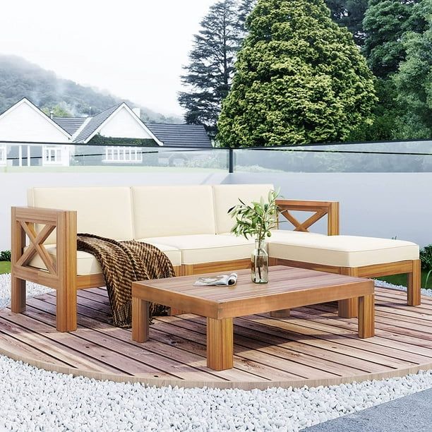 VIRUBI Outdoor Backyard Patio Wood 5-Piece Sectional Sofa Seating Group Set with Cushions, Natura... | Walmart (US)