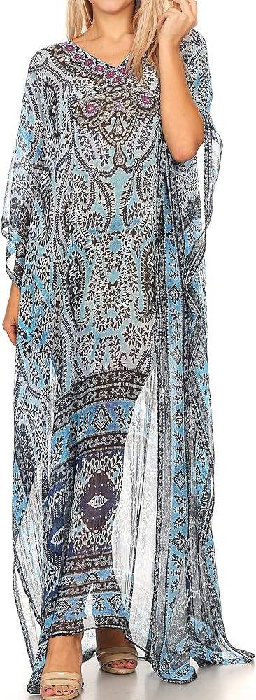 Sakkas Wilder Printed Design Long Sheer Rhinestone Caftan Dress/Cover Up | Amazon (US)