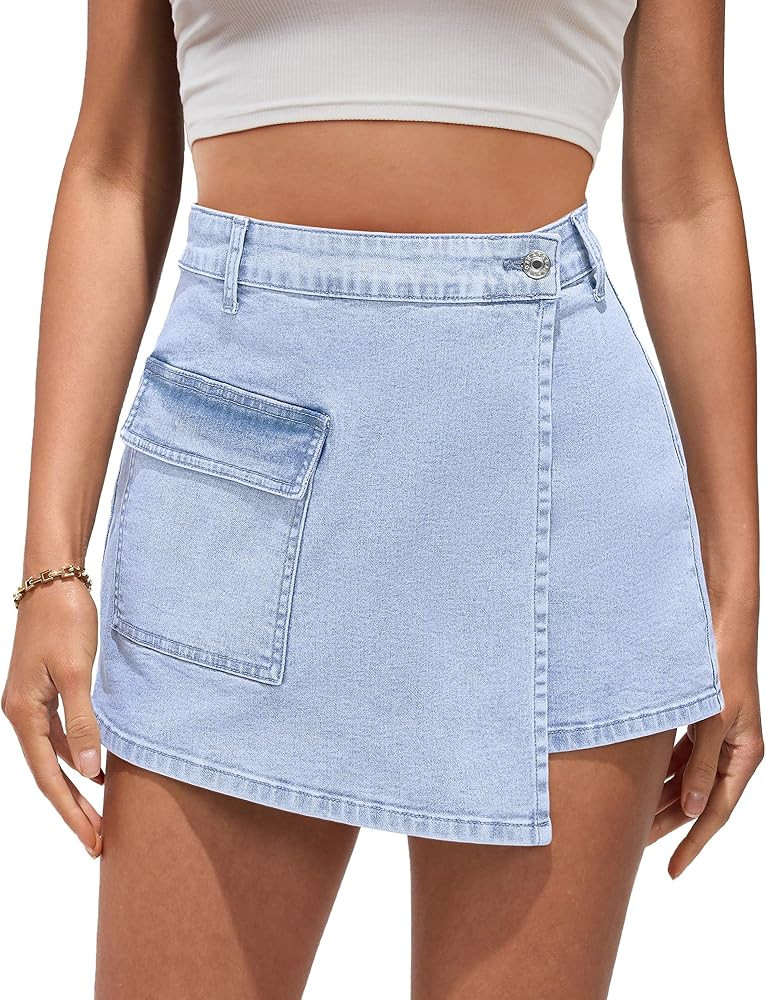 luvamia Denim Skorts for Woman Cargo Faux Wrap Jean Skort Skirts Stretchy High Waisted Skirt Shor... | Amazon (US)