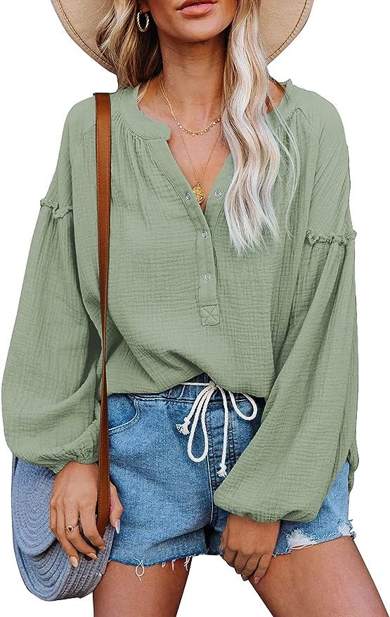 SHEWIN Women's Deep V Neck Lantern Sleeve Button Down Shirts Henley Sweatshirt Oversized Cotton B... | Amazon (US)