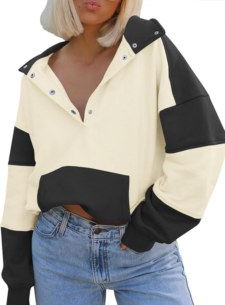 Fisoew Women's Color Block Oversized Sweatshirt Half Snap V Neck Long Sleeve Casual Pullover Tops... | Amazon (US)
