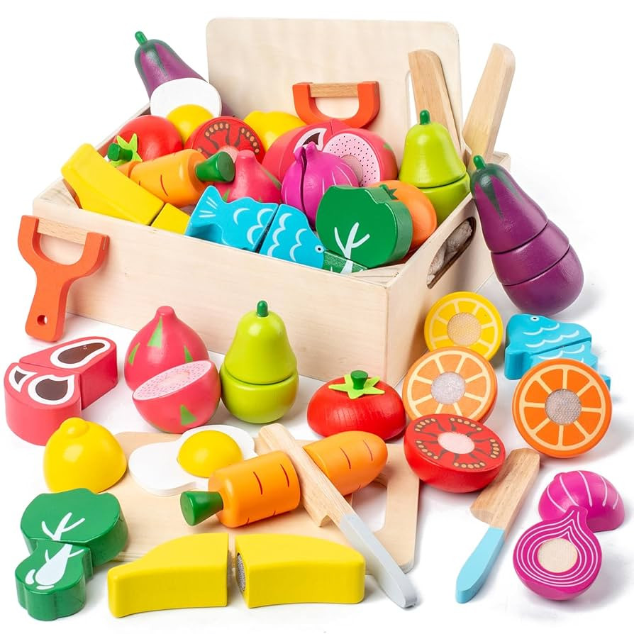 32 Pcs Wooden Play Food Sets for Kids Kitchen Accessories, Montessori Educational Toys Food, Pret... | Amazon (US)