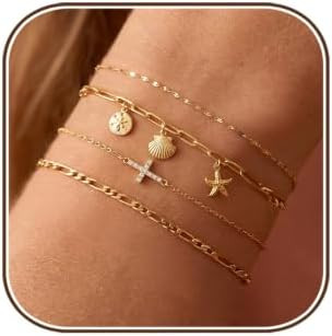 Gold Bracelets for Women,14K Gold Plated Cross Chain Bracelet Stack Set | Dainty Adjustable Gold ... | Amazon (US)