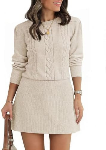 Saodimallsu Womens Puff Long Sleeve Sweater Dress Cable Knit A Line Crew Neck Fall Casual Flare M... | Amazon (US)