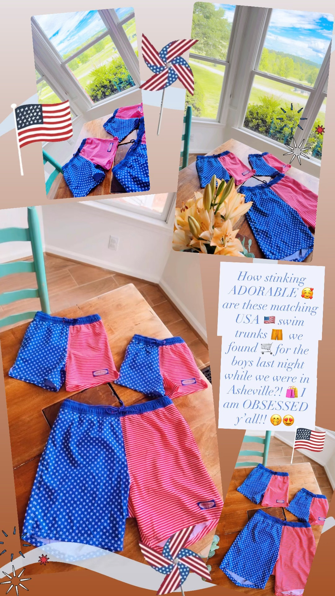 How stinking ADORABLE 🥰 are these matching USA 🇺🇸 swim trunks 🩳  we found 🛒 for the boys last night while we were in Asheville?! 🛍️ I am OBSESSED y’all!! 🤭😍