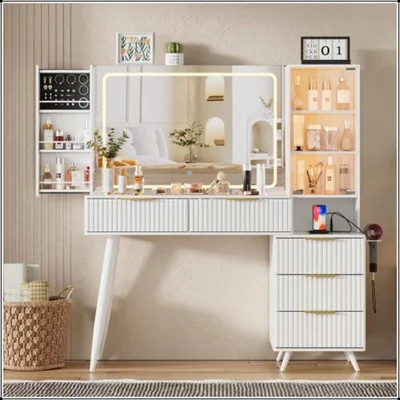 Elegant Makeup Vanity Desk with Mirror, Lights, and Fluted Panels for Enhanced Aesthetic and Storage | Wayfair North America