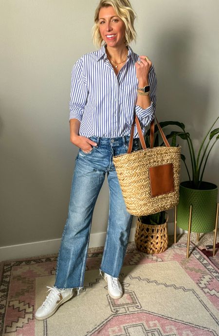 Spring Staples to update your wardrobe this season: classic button up shirt, wide, leg, jeans, Sneakers, Oversized, tote 
