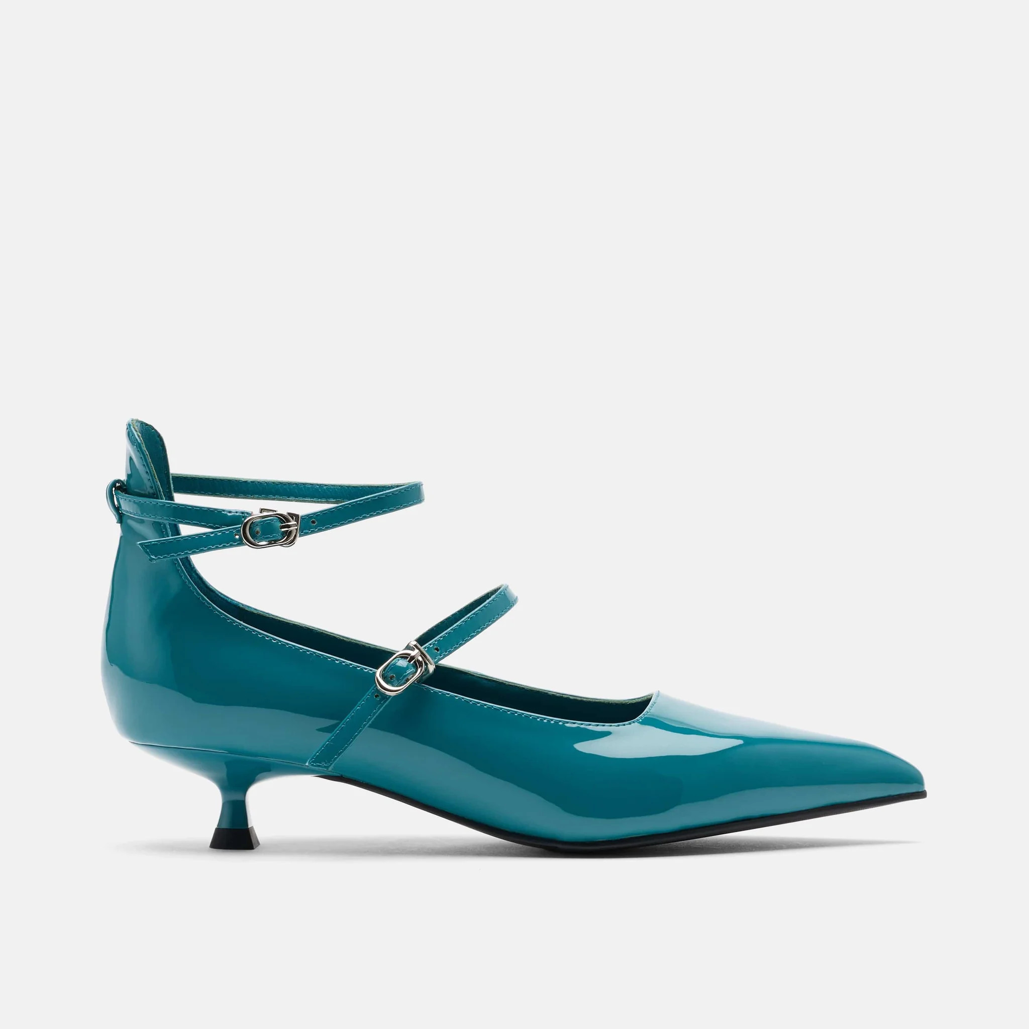 Paige Transformative Teal Patent Leather Kitten Heels | Marc Nolan