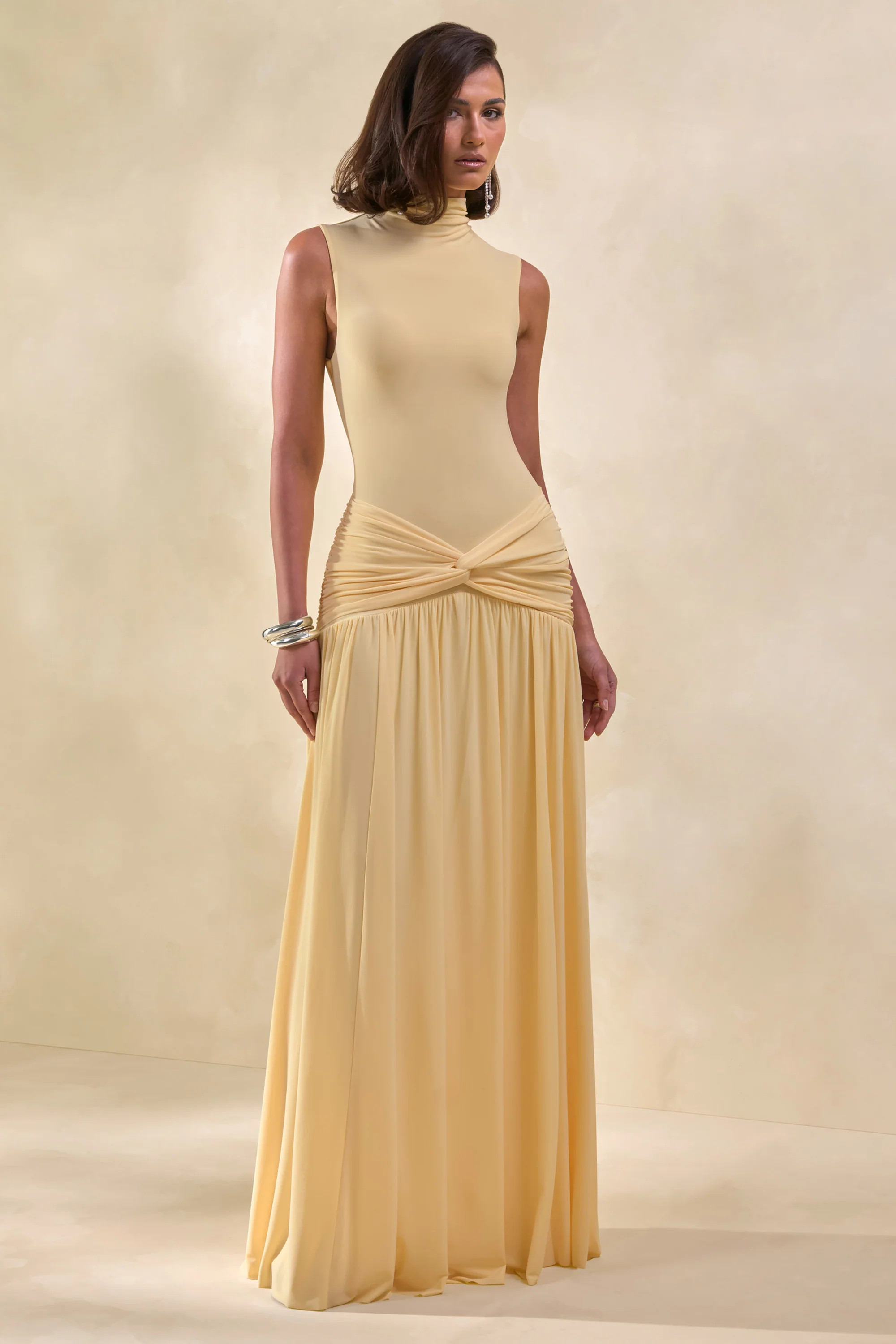 Glimora | Lemon High-Neck Maxi Dress With Ruched-Detailing | Club L London