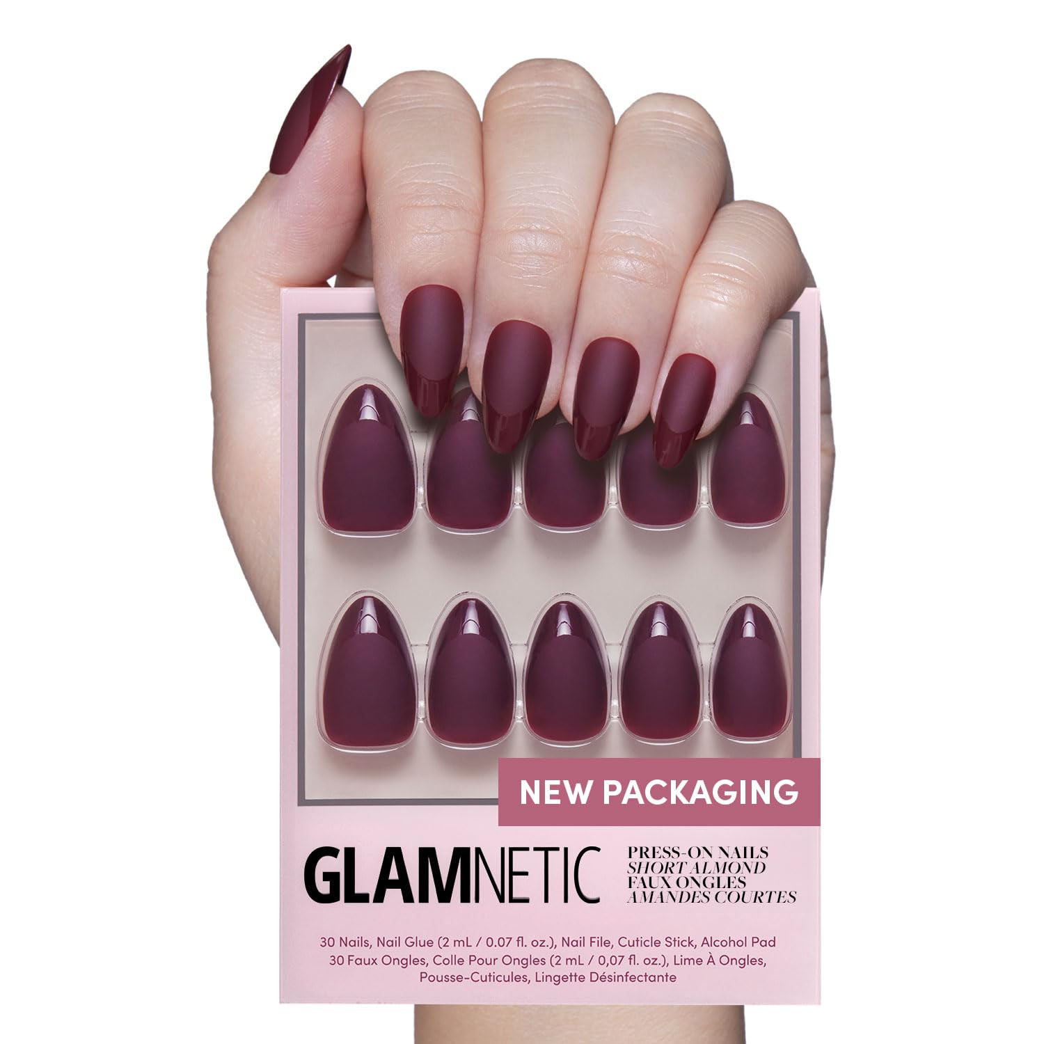 Glamnetic Press On Nails - Merlot | Short Almond Dark Red Nails with Glossy French Tips in a Matt... | Amazon (US)