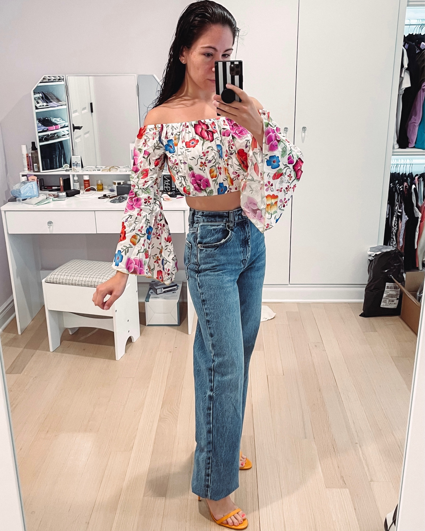 New favorite summer to fall look.

Transitional style, seasonal style, floral top, crop top, off the shoulder, wide leg jeans, high waisted, orange heels 

#LTKSeasonal #LTKsalealert #LTKunder50