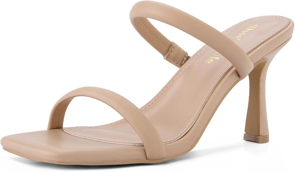 Shoe'N Tale Women's Strappy Heels Kitten Heeled Mules Two Straps Square Open Toe Slip On Sandals | Amazon (US)