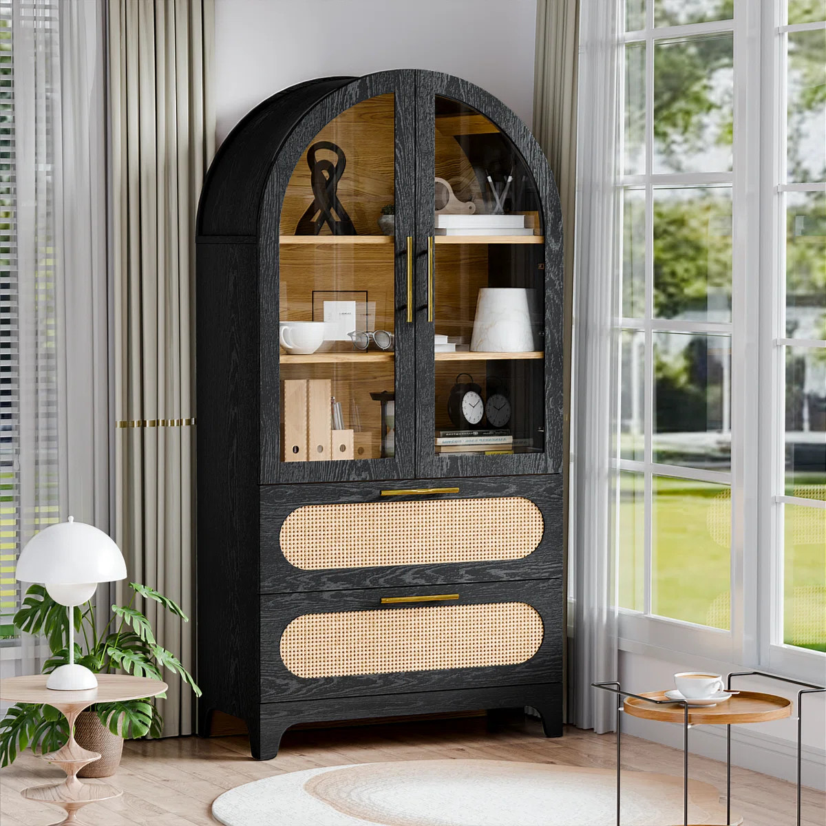 Modern Arched Storage Cabinet With Rattan Drawers And Glass Doors, 3-Tier Display Hutch With 2 La... | Wayfair North America
