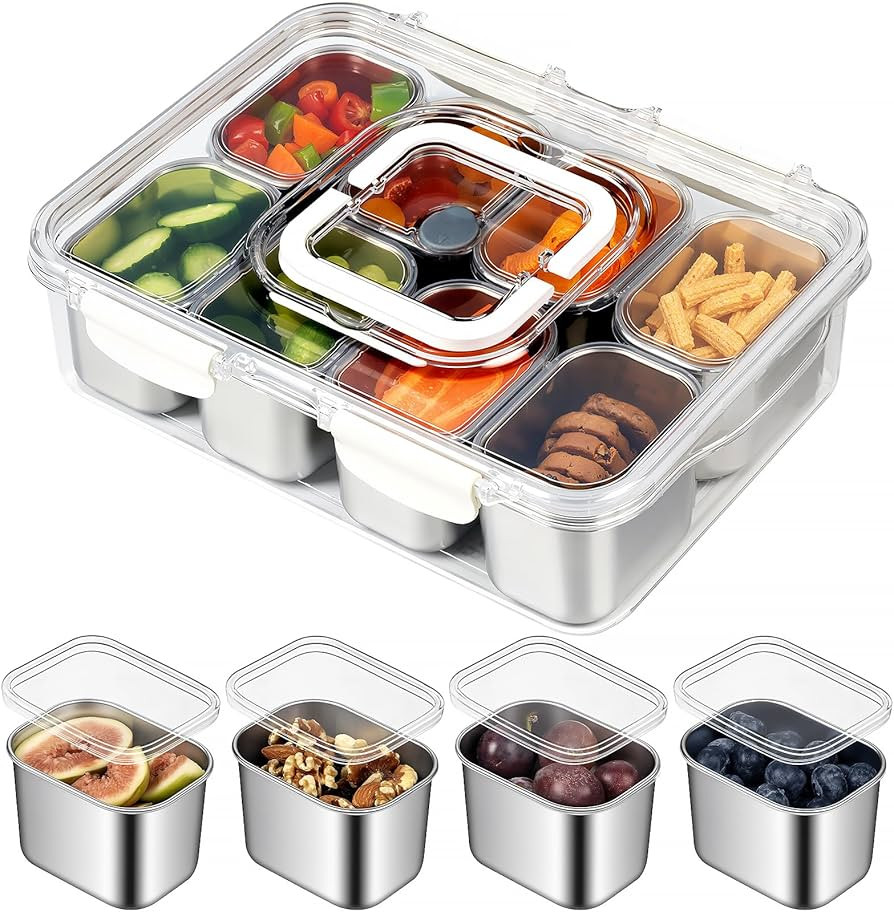 Snackle Box Container, Stainless Steel Divided Serving Tray with Lid and Handle, 8 Compartment Po... | Amazon (US)
