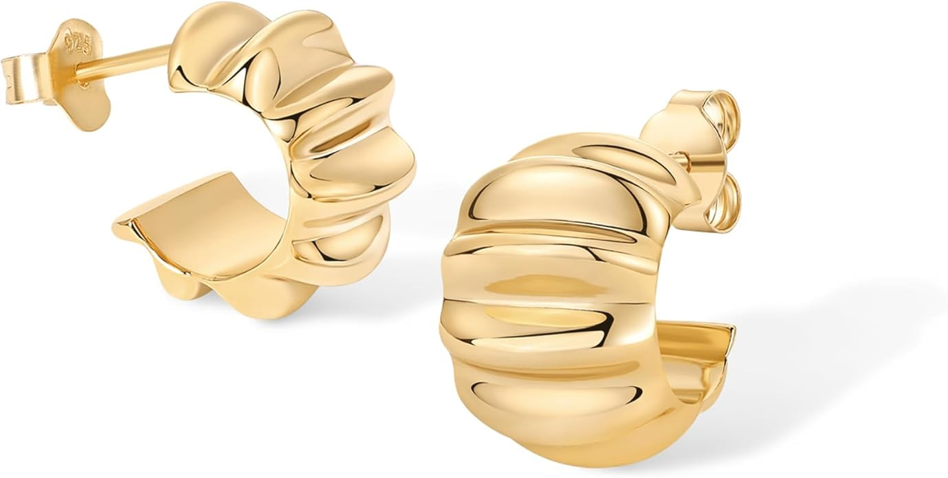 PAVOI 14K Gold Plated Chunky Lightweight Hoop Huggie Earrings for Women | Chic Boho Ribbed Croiss... | Amazon (US)