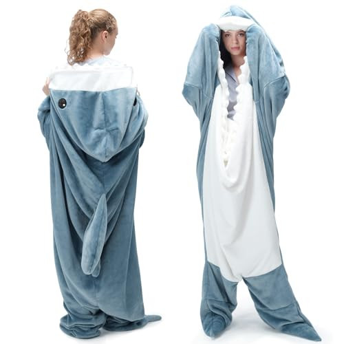 Touchat Shark Blanket for Adult & Kids Super Soft Cozy Flannel Throw Wearable Blanket, Cartoon Animals Shark Onesie Hoodie, Sleeping Bag Cosplay Shark Costume Blanket Gifts for Shark Lovers (Blue,M) | Amazon (US)