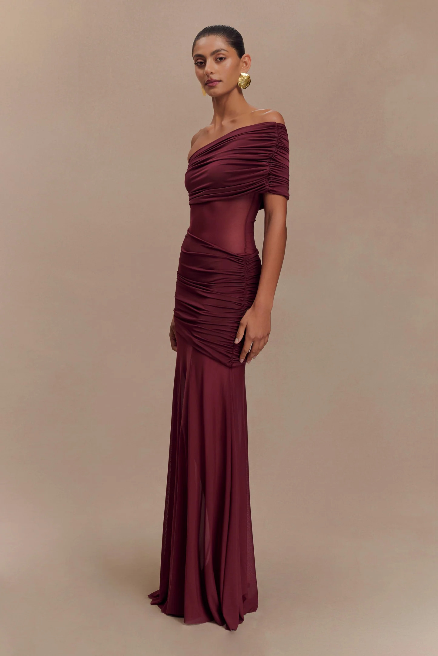 Dallas One Shoulder Mesh Maxi Dress - Burgundy | Meshki UK