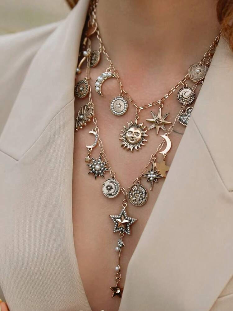 ZAA Love Sun Moon Tassel Necklace, Retro Tassel Necklace, Retro Niche High-End Collarbone Chain, ... | SHEIN