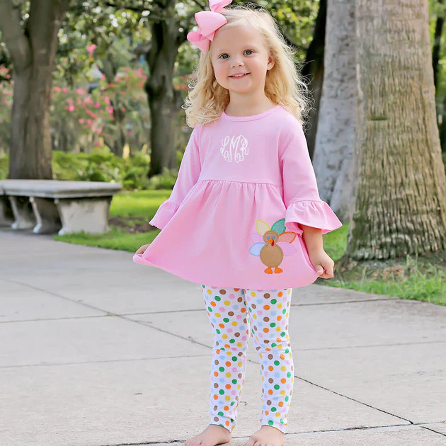 Multi Polka Dot Pink Turkey Applique Sophia Legging Set | Classic Whimsy