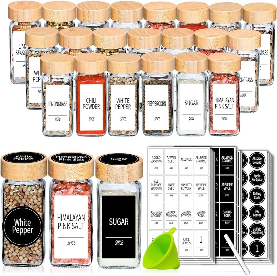 Churboro 24 Spice Jars with Labels & Bamboo Lids - 4 Oz Glass Containers with Shaker Lids, 547 Sp... | Amazon (US)