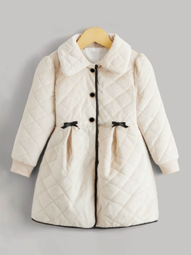 Toddler Girls Bow Front Contrast Binding Suedette Quilted Coat | SHEIN