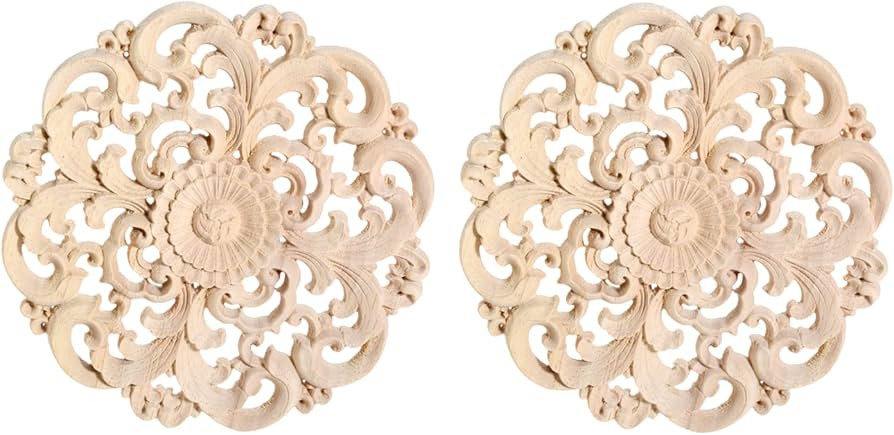 MUXSAM Round Wood Appliques Onlays, 2-Pack Unpainted Wooden Carved Flower Carvings Decals for Wal... | Amazon (US)