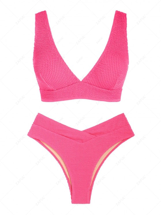 ZAFUL Wave Textured Crossover Bikini Swimwear   BLACK LIGHT PINK | ZAFUL (Global)