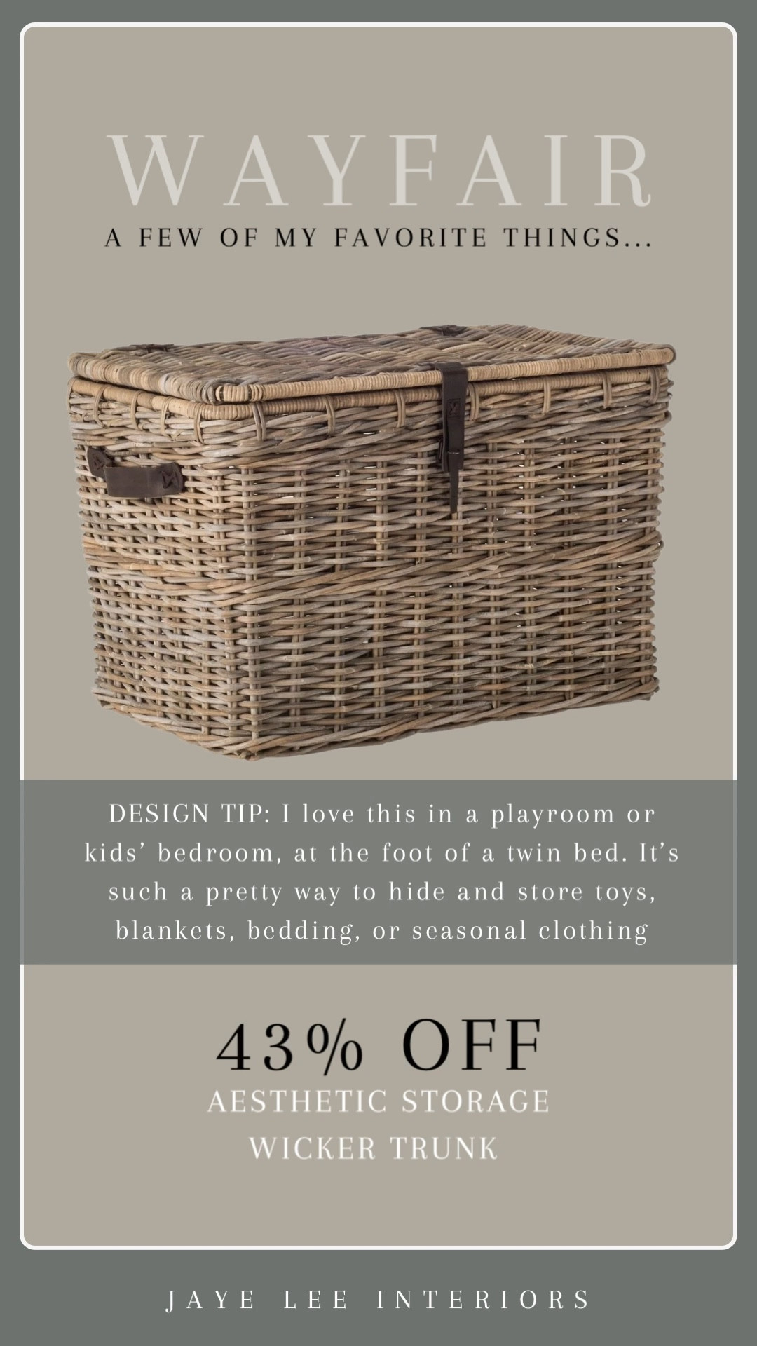 Design tip: I love this wicker storage trunk in a playroom or kids bedroom, at the foot of a twin bed. It’s such a pretty way to hide and store toys, blankets, bedding, or seasonal clothing. Find some of my favorites linked below at amazing discounts during Wayfair’s current sale. #StorageAndOrganization #BedroomStorage #Playroom#ToyStorage #BlanketStorage #Baskets #trunk #CoffeeTable #Nightstand #AccentFurniture #ToyBox #jleeinteriors