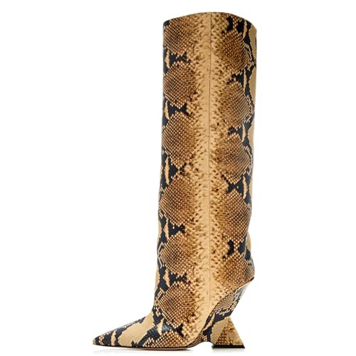 Women's Pointed Toe Slope Heel Knee High Boots Splicing Sleeve High Heel Boots for Women Fashion ... | Amazon (US)