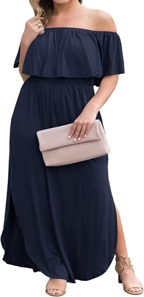 GXLU Women's Plus Size Summer Maxi Dresses Short Sleeve Casual Loose Plain Floral Print Split Lon... | Amazon (US)