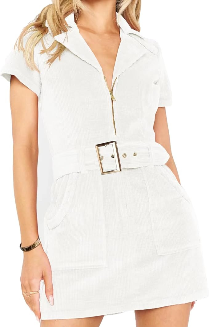 Women's Corduroy Mini Dress with Short Sleeve Lapel Zip Belt Cowgirl Dress with Pockets | Amazon (US)