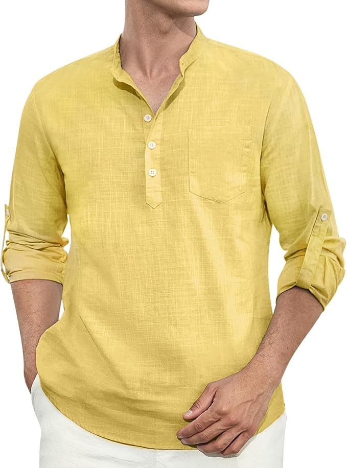 Enlision Mens Cotton Linen Henley Shirts Long Sleeve Casual Shirt Summer Beach Hippie T-Shirt Ban... | Amazon (US)