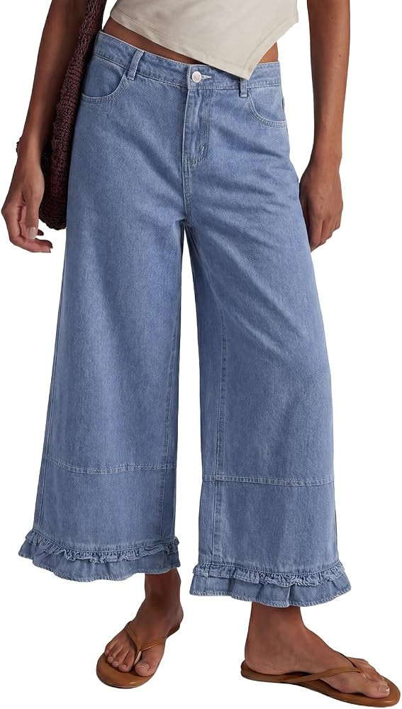 EVALESS Womens Wide Leg Jeans 2026 Trendy Mid-Rise Cropped Baggy Jeans Loose Fit Cute Ruffle Hem ... | Amazon (US)