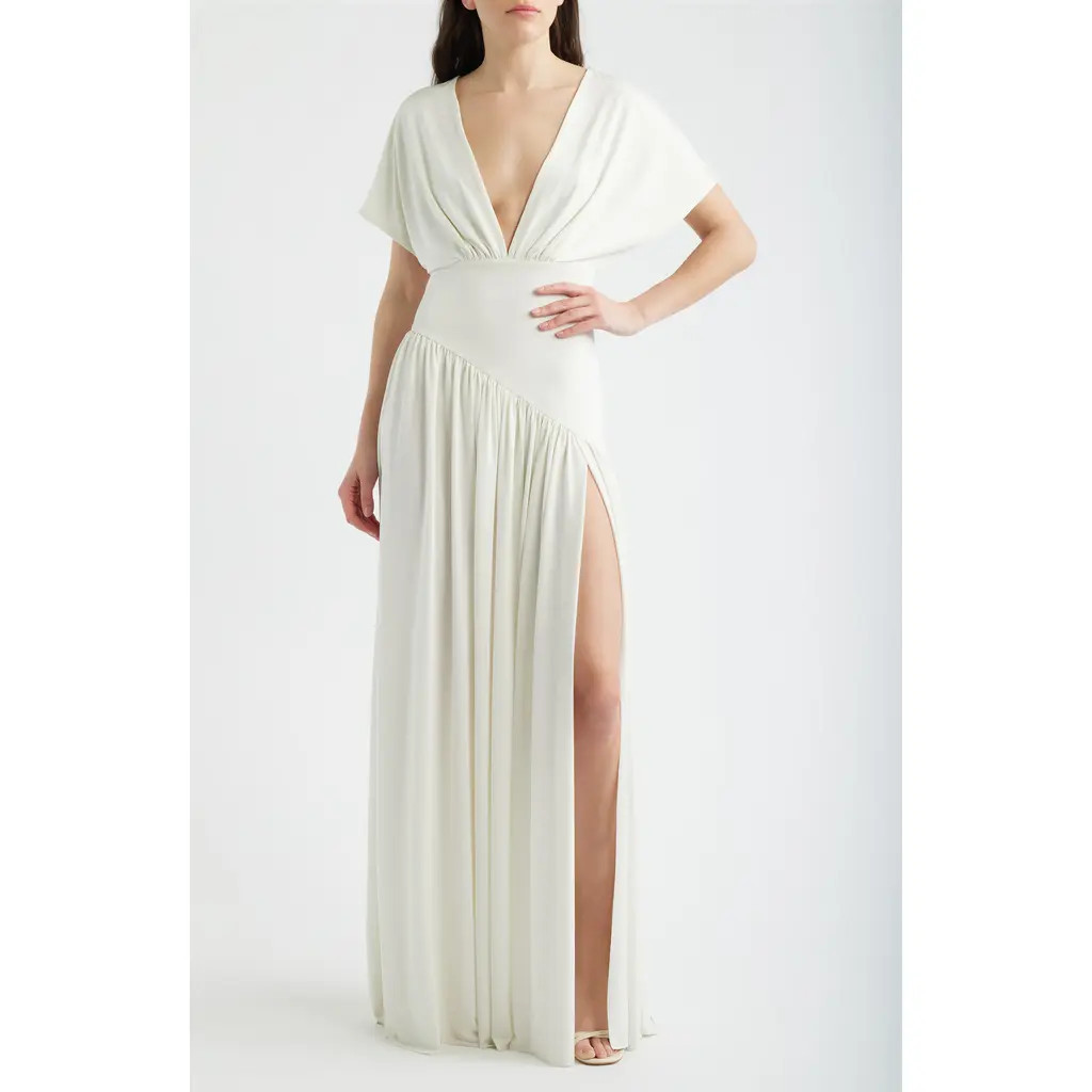 Delfi Collective Plunge Neck Side Slit Gown in White at Nordstrom, Size Medium | Nordstrom
