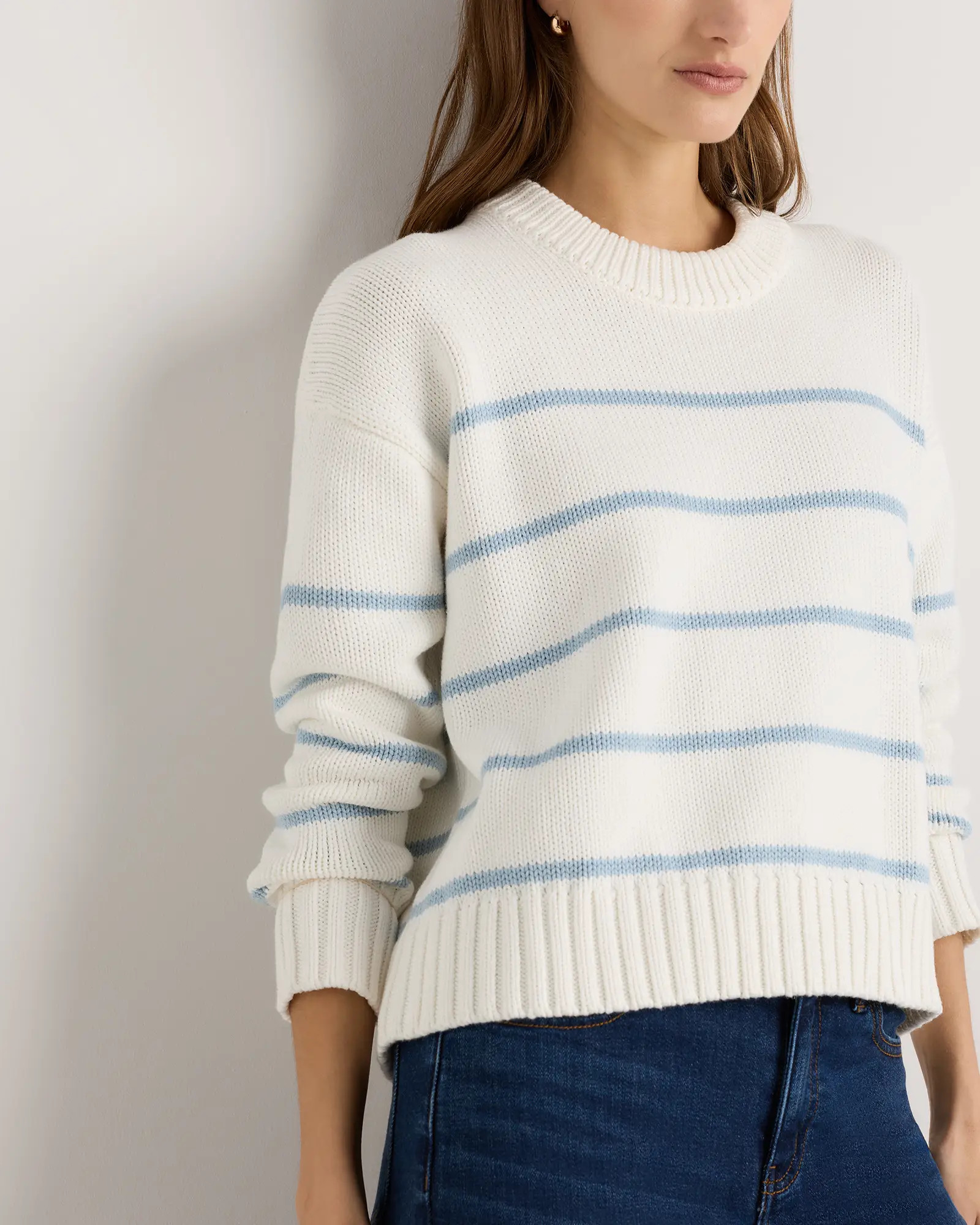 100% Organic Cotton Striped Crew Sweater in Ivory/Sky Blue Stripe | Quince