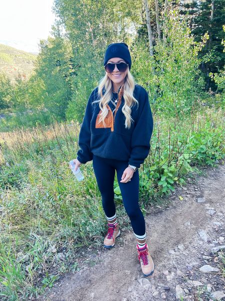 Fall outfit hiking boots fleece pullover fall outfit ideas cozy outfits sherpa lululemon beanie Lulu amazon boots sunglasses free people 

#LTKSeasonal #LTKshoecrush #LTKtravel