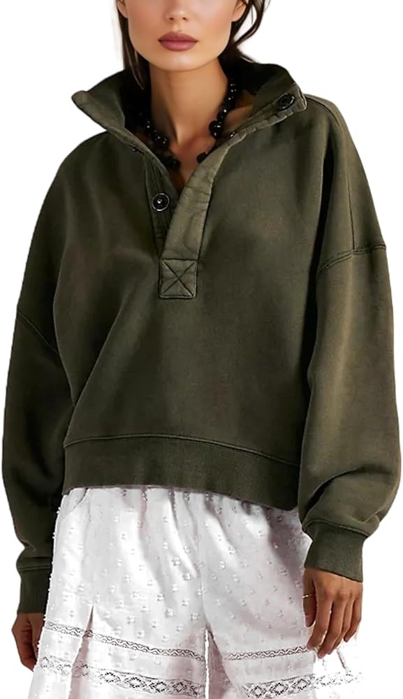 Cropped Sweatshirt for Women Pullover Sweatshirt Quarter Snap Button Up Long Sleeve Henley Shirts | Amazon (US)