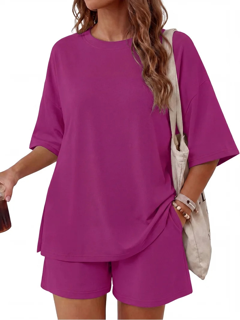 MINTREUS Womens 2 Piece Lounge Sets Crew Neck Short Summer Pajama Set Airport Travel Outfits with... | Walmart (US)
