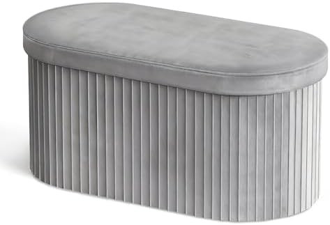 Folding Ottoman with Storage, Oval Velvet Storage Bench, Grey | Amazon (US)
