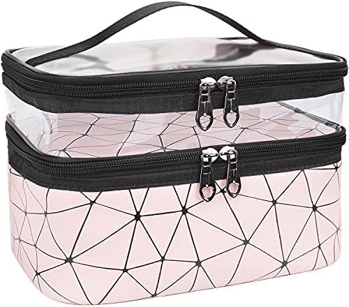 MKPCW Makeup Bags Double layer Travel Cosmetic Cases Make up Organizer Toiletry Bags (Pink) | Amazon (US)
