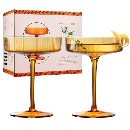 Khen Ribbed Vintage Art Deco Coupe Glasses - Martini, Champagne & Cocktail Ribbed Glasses 8oz | Cute Crystal Glassware Sets - Goblet Stemmed Ripple Glassware, Housewarming Glass Gifts, Amber, 2 Pieces | Amazon (US)