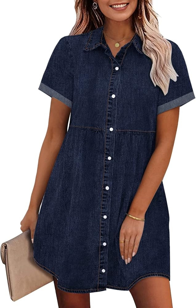 GRAPENT Denim Dress for Women Babydoll Tiered Short Sleeve Button Down Jean Shirt Dresses | Amazon (US)