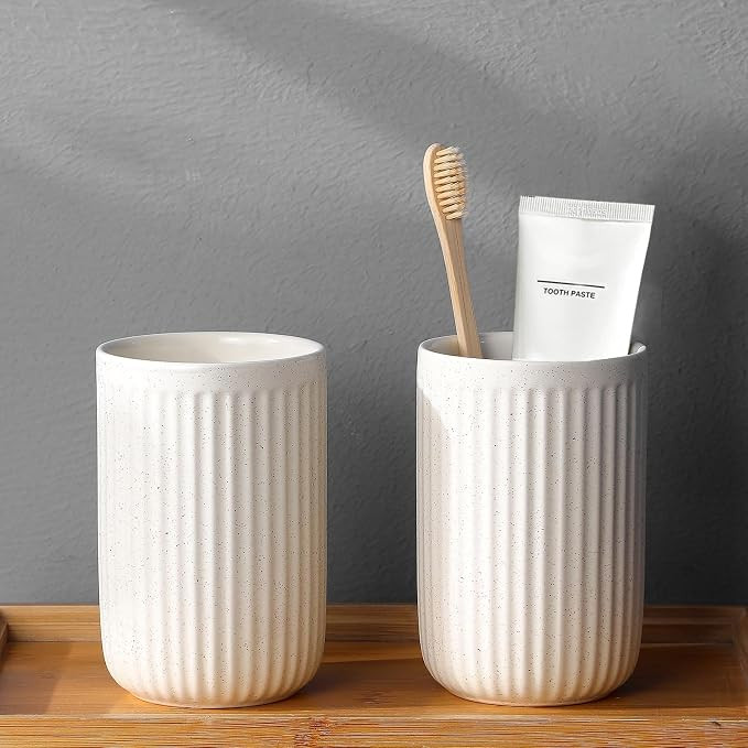 Toothbrush Holders - 2 Cup Ceramic Toothbrush Toothpaste Holders Set, Beige Bathroom Tumbler Cups... | Amazon (US)